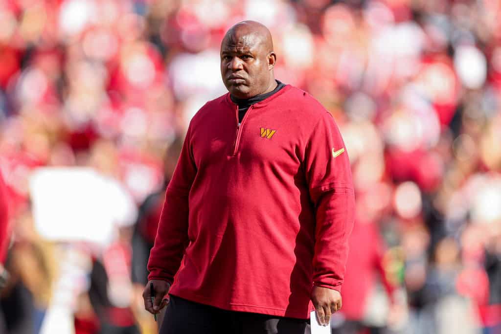 Offensive coordinator Eric Bieniemy of the Washington Commanders looks on prior to a game against the San Francisco 49ers FedExField on December 31, 2023 in Landover, Maryland. 