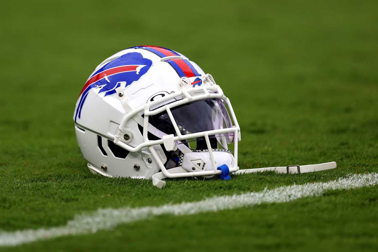 A detail of a Buffalo Bills helmet during warm ups against the Baltimore Ravens at M&T Bank Stadium on October 02, 2022 in Baltimore, Maryland.