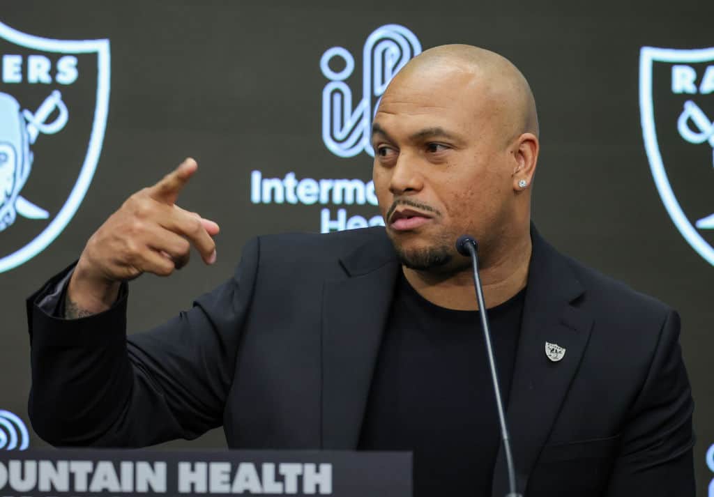 Antonio Pierce speaks as he is introduced as the head coach of the Las Vegas Raiders during a news conference also introducing Tom Telesco as the team's general manager at the Las Vegas Raiders Headquarters/Intermountain Healthcare Performance Center on January 24, 2024 in Henderson, Nevada.