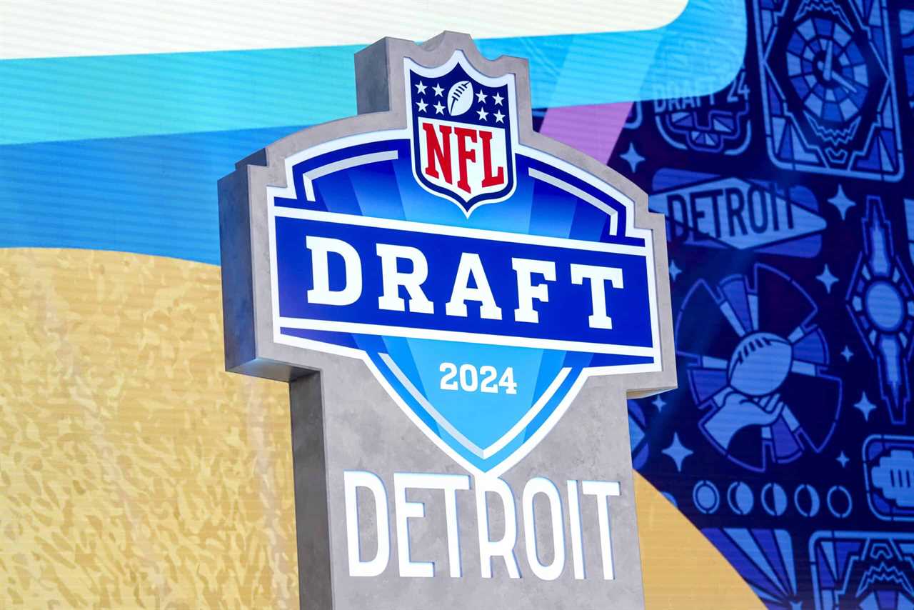 DETROIT, MICHIGAN - APRIL 27: A detail of the NFL logo for the 2024 NFL draft during round four of the 2024 NFL draft at Campus Martius Park and Hart Plaza on April 27, 2024 in Detroit, Michigan.