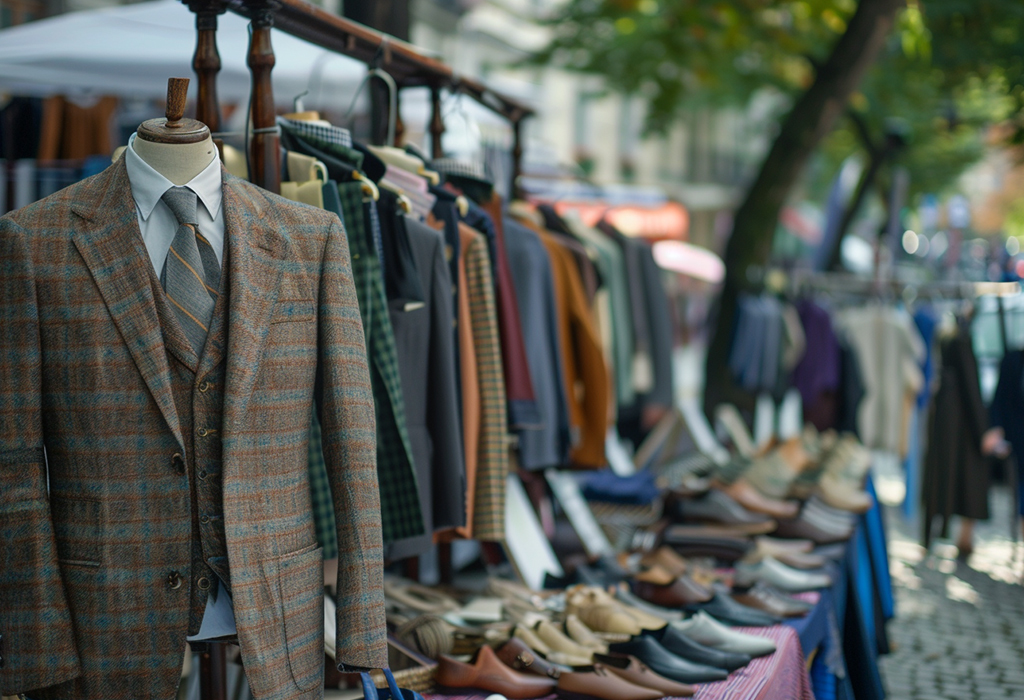 suits and other clothing on outdoor clothing racks at an outdoor flea market