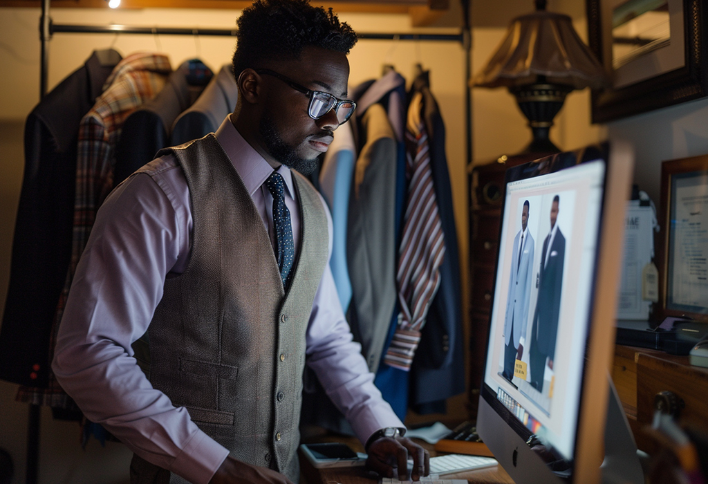 man browsing suits on eBay on a computer