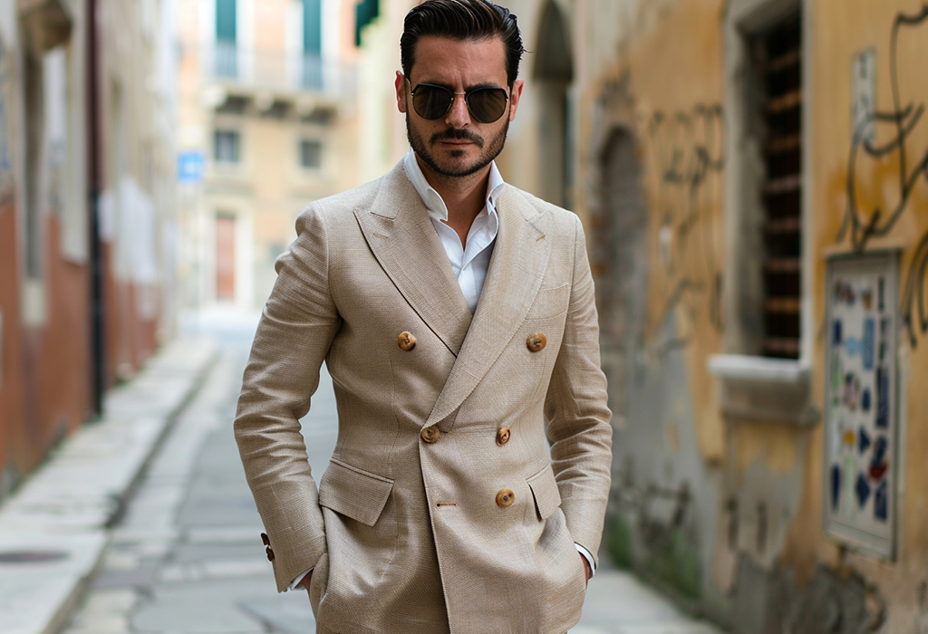 man wearing double-breasted vintage tan linen suit with high waisted pants, peak lapels, and horn buttons