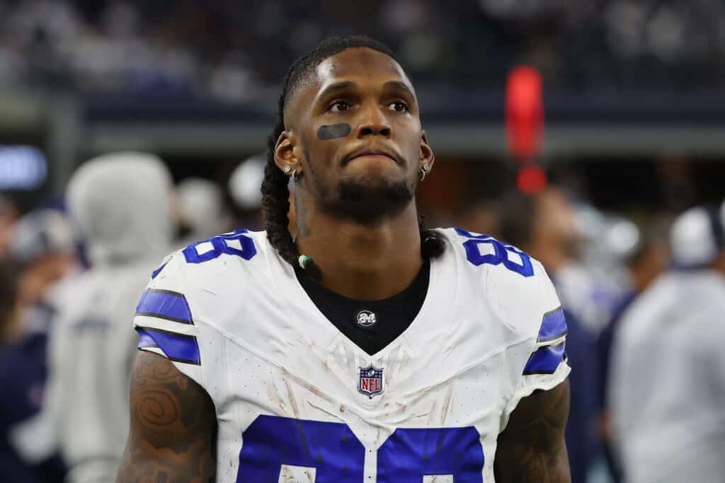 ARLINGTON, TEXAS - JANUARY 14: CeeDee Lamb #88 of the Dallas Cowboys walks on the sideline during the NFC Wild Card Playoff game against the Green Bay Packers at AT&T Stadium on January 14, 2024 in Arlington, Texas. The Packers defeated the Cowboys 48-32.