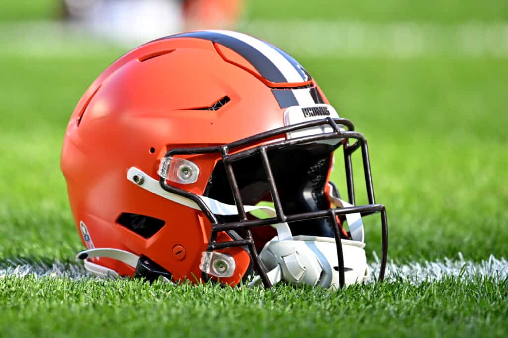 CLEVELAND, OHIO - NOVEMBER 05: A detail view of a Cleveland Browns helmet before the game against the Arizona Cardinals at Cleveland Browns Stadium on November 05, 2023 in Cleveland, Ohio.