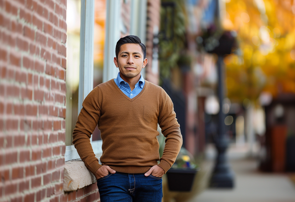 dressing for date - man wearing a pair of dark blue jeans with a blue oxford shirt, tucked in, and a brown wool sweater over it