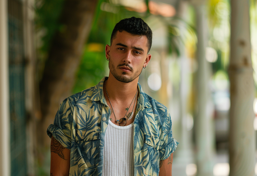 man wearing a camp collar shirt worn open over a tucked white ribbed tank top