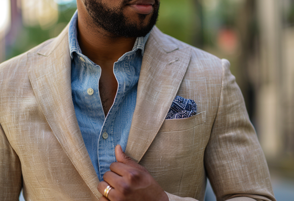 Man wearing a tan linen suit with a blue denim shirt for a date