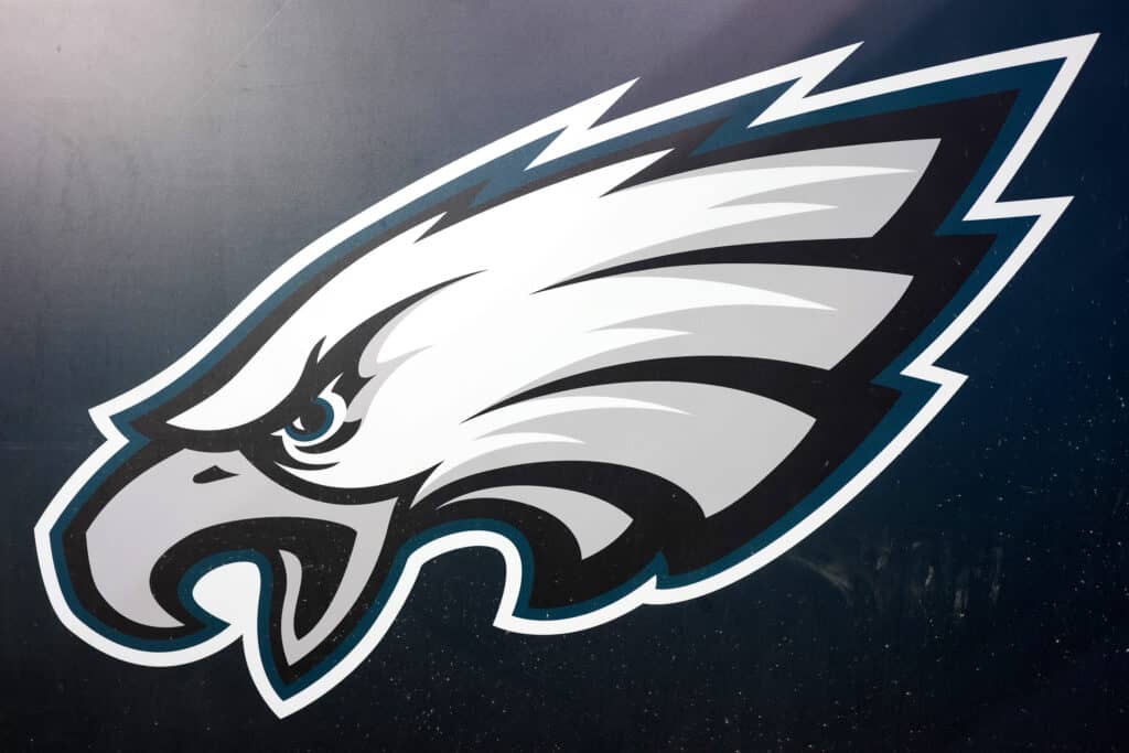 A general view of a Philadelphia Eagles logo prior to a game against the New York Giants in the NFC Divisional Playoff game at Lincoln Financial Field on January 21, 2023 in Philadelphia, Pennsylvania.