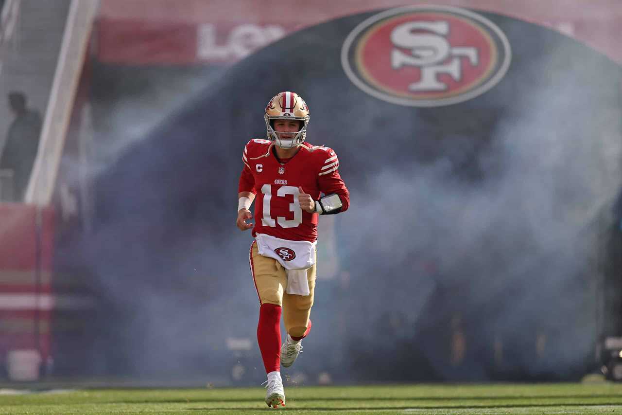 SANTA CLARA, CALIFORNIA - DECEMBER 10: Brock Purdy #13 of the San Francisco 49ers runs onto the field prior to a game against the Seattle Seahawks at Levi's Stadium on December 10, 2023 in Santa Clara, California.