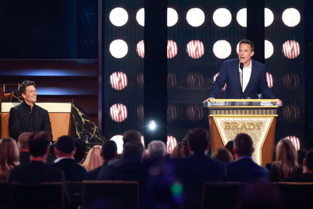 Tom Brady and Ben Affleck speak onstage during G.R.O.A.T The Greatest Roast Of All Time: Tom Brady for the Netflix is a Joke Festival at The Kia Forum on May 05, 2024 in Inglewood, California. 