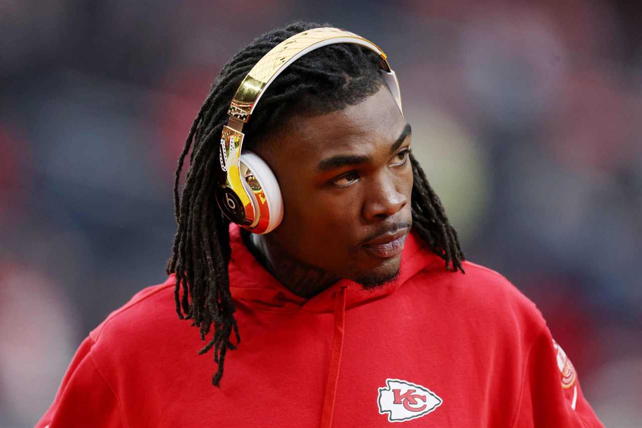 LAS VEGAS, NEVADA - FEBRUARY 11: Rashee Rice #4 of the Kansas City Chiefs warms up before Super Bowl LVIII against the Kansas City Chiefs at Allegiant Stadium on February 11, 2024 in Las Vegas, Nevada.