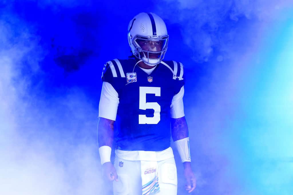 Anthony Richardson #5 of the Indianapolis Colts exits the tunnel prior to the game against the Tennessee Titans at Lucas Oil Stadium on October 08, 2023 in Indianapolis, Indiana.