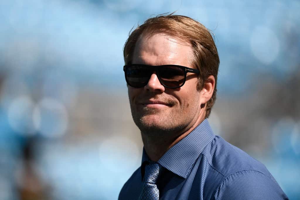 Former player Greg Olsen of the Carolina Panthers reacts during the football game against the Philadelphia Eagles at Bank of America Stadium on October 10, 2021 in Charlotte, North Carolina. 