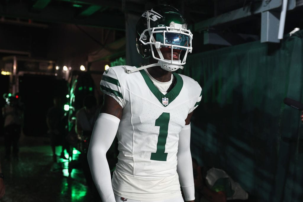 Cornerback Sauce Gardner #1 of the New York Jets walks out onto the field before the NFL game against the Buffalo Bills at MetLife Stadium on September 11, 2023 in East Rutherford, New Jersey.