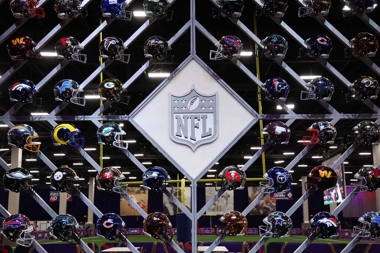 LAS VEGAS, NEVADA - FEBRUARY 06: A general view of NFL logo displayed in the NFL Super Bowl Experience ahead of Super Bowl LVIII on February 06, 2024 in Las Vegas, Nevada.