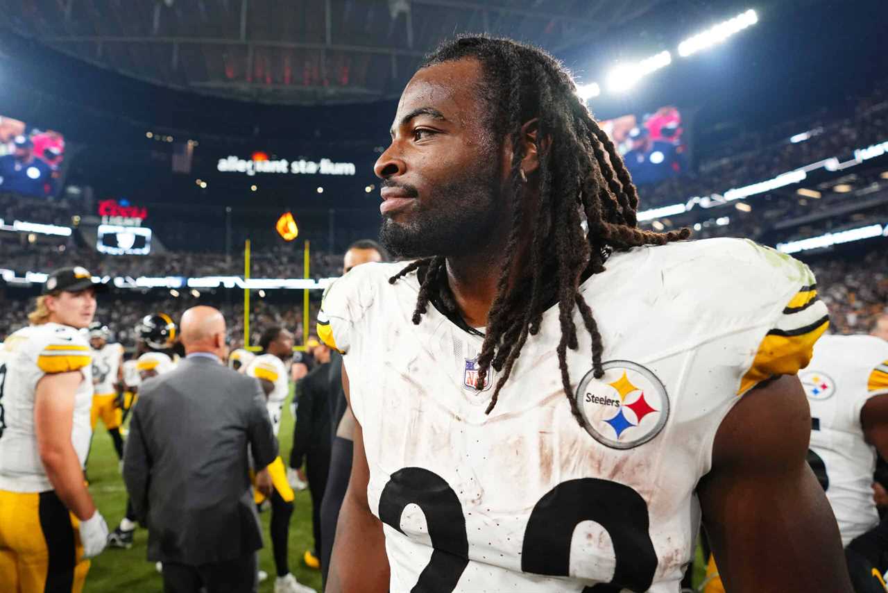 Najee Harris #22 of the Pittsburgh Steelers walks on the field after a win over the Las Vegas Raiders at Allegiant Stadium on September 24, 2023 in Las Vegas, Nevada.
