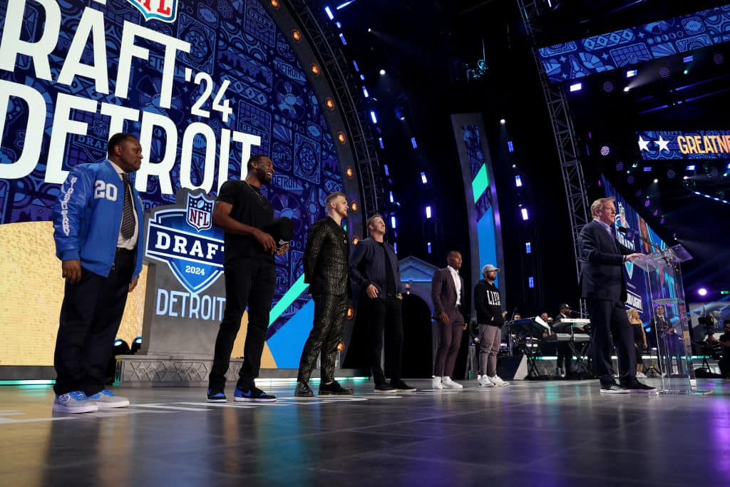 NFL Commissioner Roger Goodell speaks during the first round of the 2024 NFL Draft at Campus Martius Park and Hart Plaza on April 25, 2024 in Detroit, Michigan.