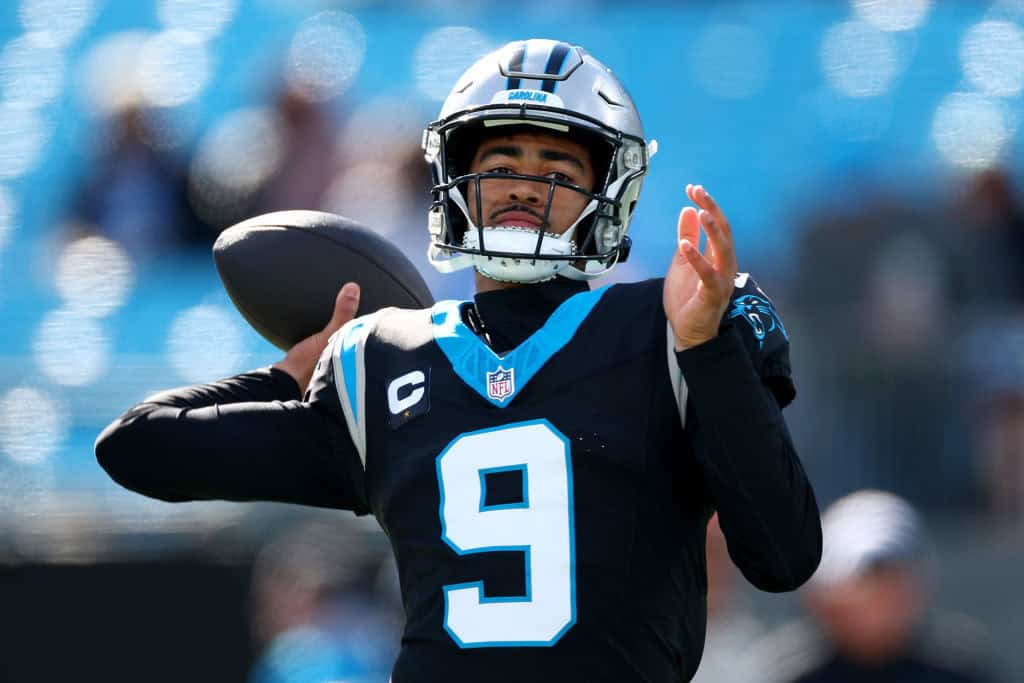 Bryce Young #9 of the Carolina Panthers warms up before the game against the Tampa Bay Buccaneers at Bank of America Stadium on January 07, 2024 in Charlotte, North Carolina. 