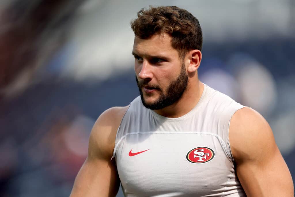 Nick Bosa #97 of the San Francisco 49ers warms up before a game against the Los Angeles Rams at SoFi Stadium on October 30, 2022 in Inglewood, California.