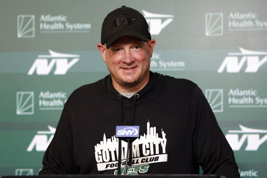 FLORHAM PARK, NEW JERSEY - MAY 21: Offensive coordinator Nathaniel Hackett of the New York Jets speaks to the media during the New York Jets OTA Offseason Workout at Atlantic Health Jets Training Center on May 21, 2024 in Florham Park, New Jersey.