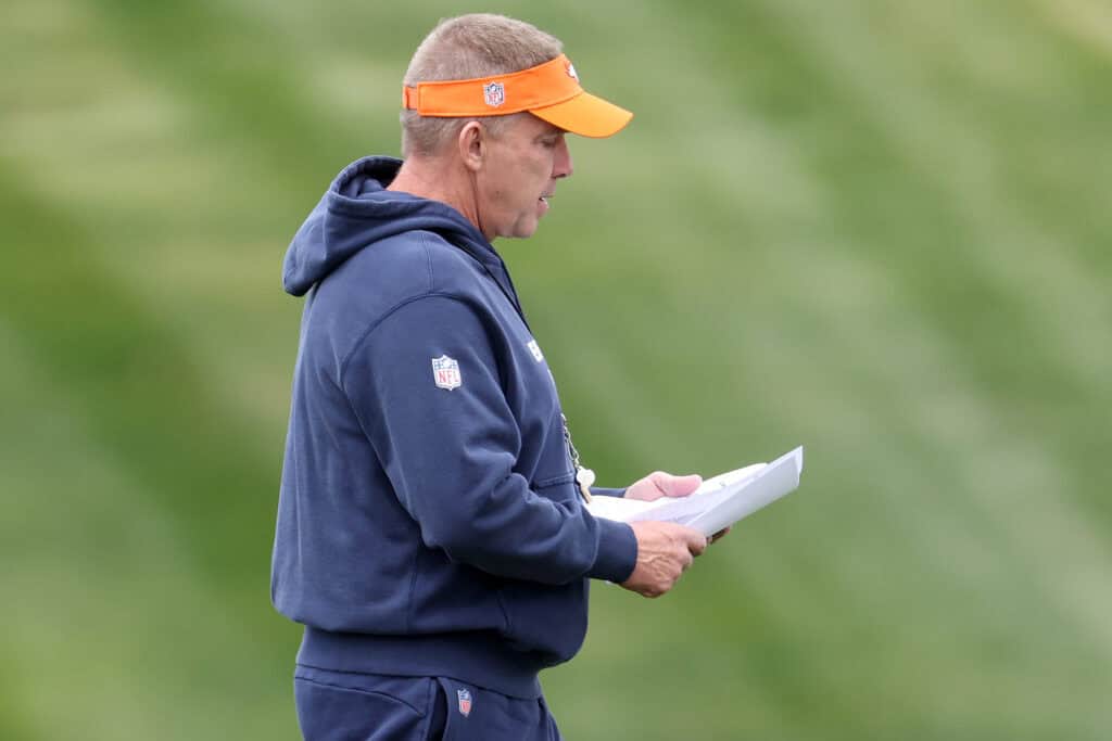 ENGLEWOOD, COLORADO - MAY 11: Head coach Sean Payton of the Denver Broncos walks on the field during Denver Broncos Rookie Minicamp at Centura Health Training Center on May 11, 2024 in Englewood, Colorado.