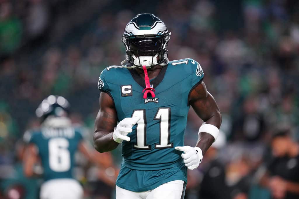 A.J. Brown #11 of the Philadelphia Eagles warms up before the game against the Minnesota Vikings at Lincoln Financial Field on September 14, 2023 in Philadelphia, Pennsylvania.