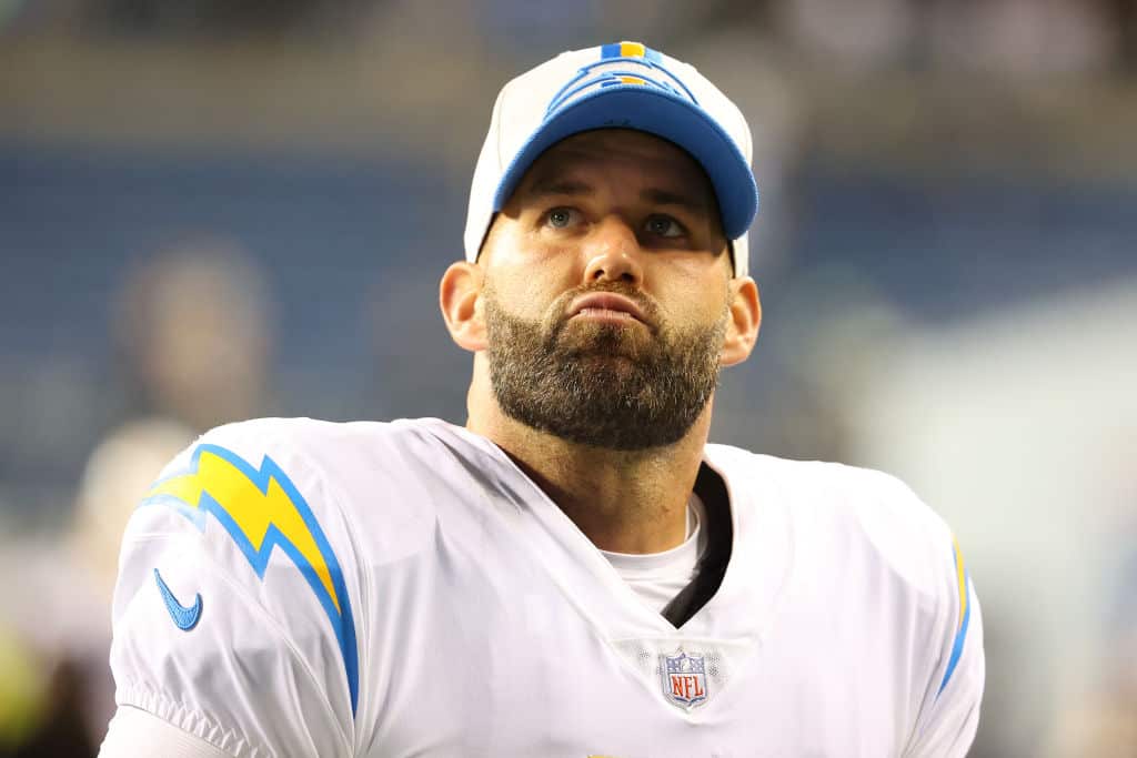 Chase Daniel #7 of the Los Angeles Chargers reacts after the 27-0 loss to the Seattle Seahawks during the NFL preseason game at Lumen Field on August 28, 2021 in Seattle, Washington.