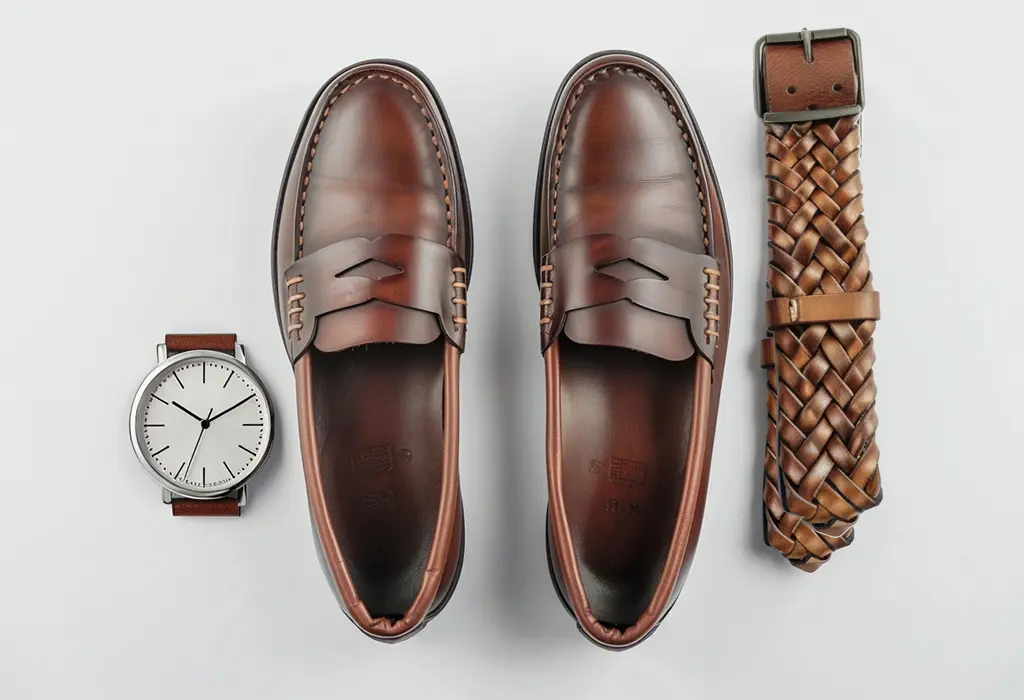 matching brown leather loafers, braided brown leather belt, and brown leather watch