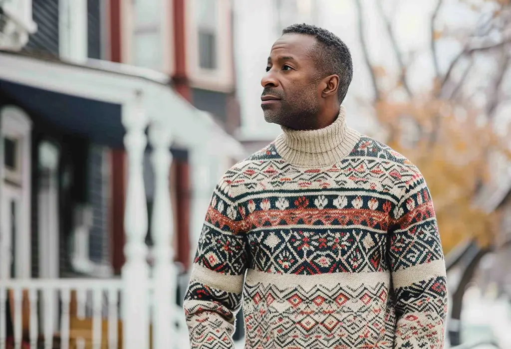 man wearing a thick wool fair isle knit crew neck sweater