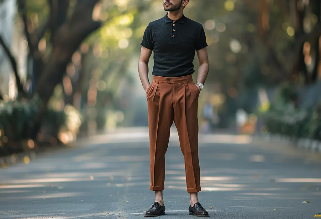 man wearing wide-fitting, pleated brown trousers with a black knit polo and black penny loafers