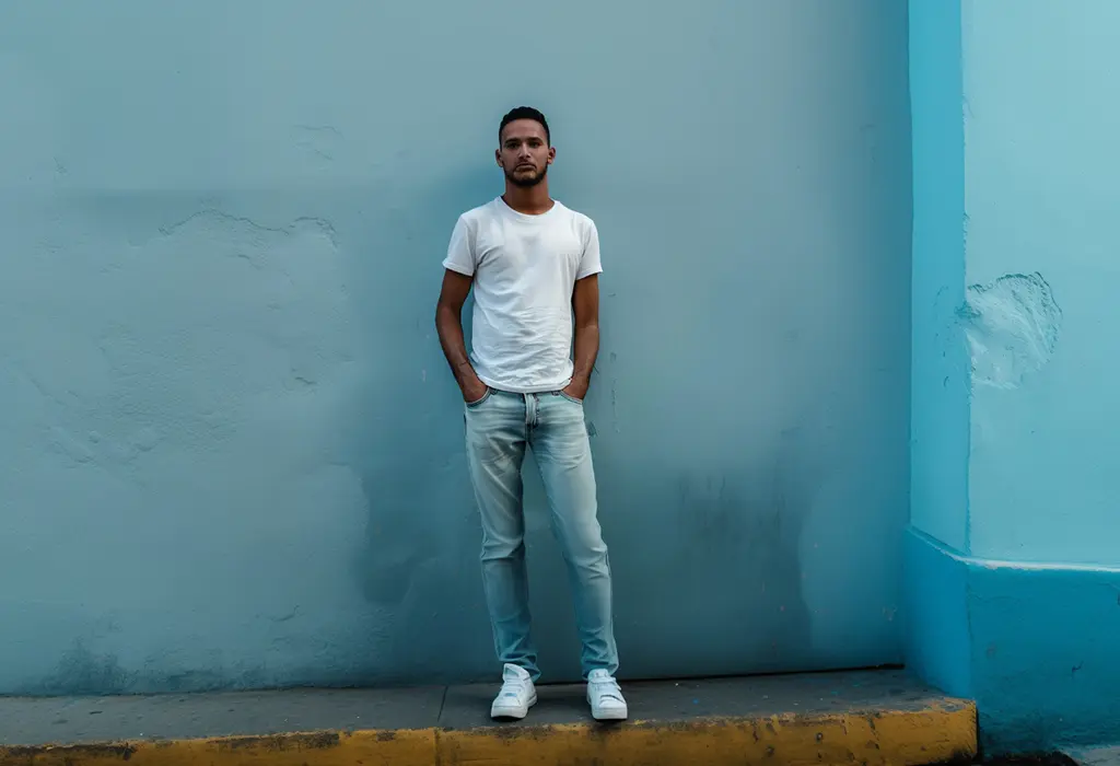 man wearing loose light-wash jeans and a plain white t-shirt