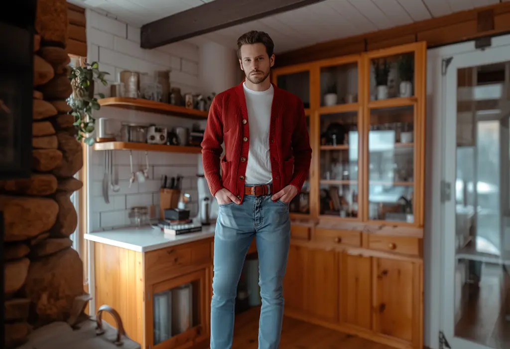 man wearing a red wool cardigan sweater over a white t-shirt that’s tucked into light wash straight-fit jeans, and wearing brown tassel loafers and matching brown belt