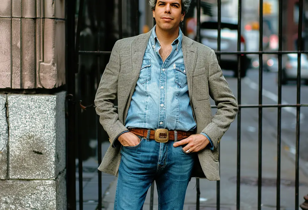 man wearing blue jeans with denim western shirt and gray tweed sport coat