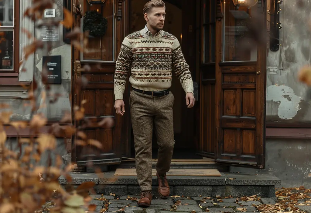 man wearing classic, full-fitting brown trousers with double pleats, paired with an oxford shirt and fair isle knit sweater, along with brown derby shoes