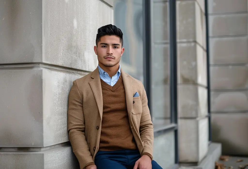 Photo of man wearing dark wash denim jeans with light blue oxford shirt, a brown wool sweater, and a camel sport coat with patch pockets and elbow patches