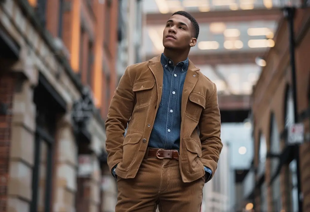 man wearing light brown corduroy suit with patch pockets on the jacket, paired with dark denim shirt