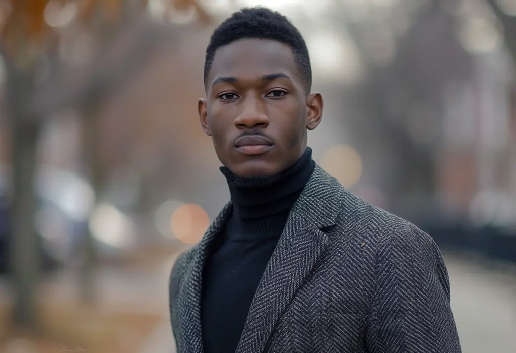 man wearing a gray wool herringbone sport coat over a black turtleneck sweater