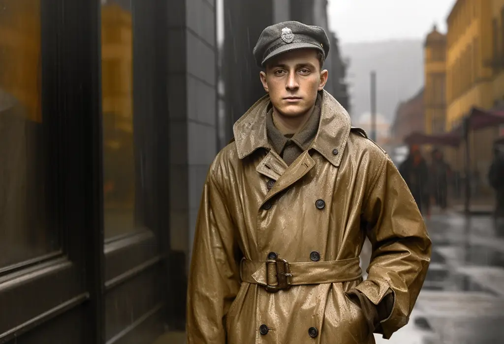 20 century soldier in a trench coat under the rain