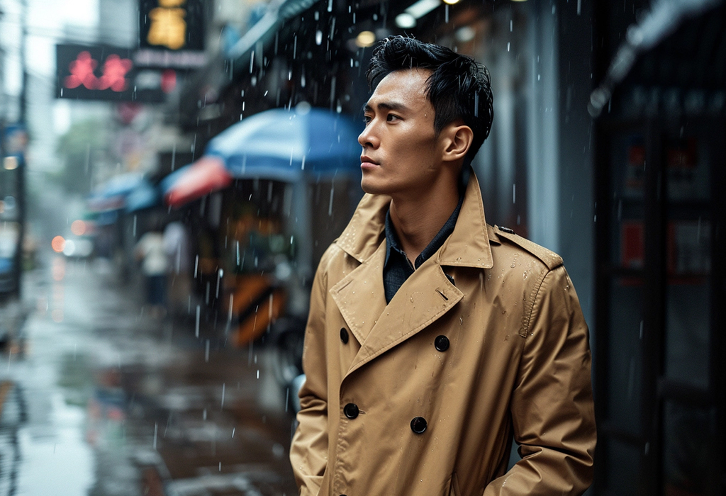 man in trench coat under the rain 