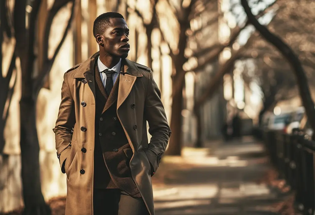 man in trench coat walking under trees