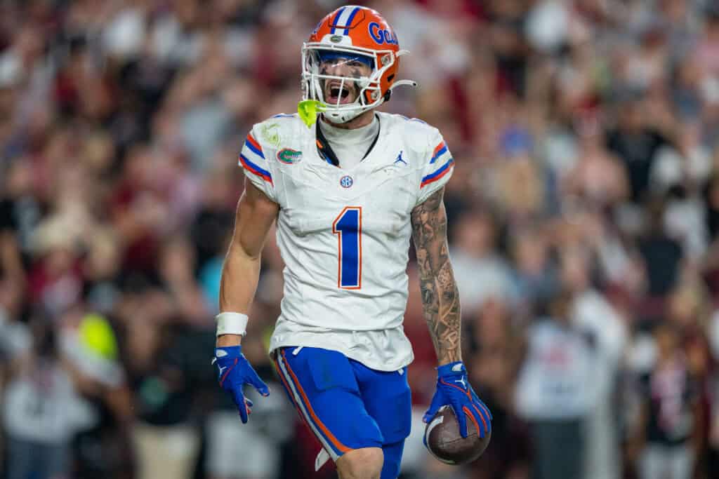 COLUMBIA, SOUTH CAROLINA - OCTOBER 14: Ricky Pearsall #1 of the Florida Gators reacts after scoring a touchdown in the second half of the game against the South Carolina Gamecocks at Williams-Brice Stadium on October 14, 2023 in Columbia, South Carolina.