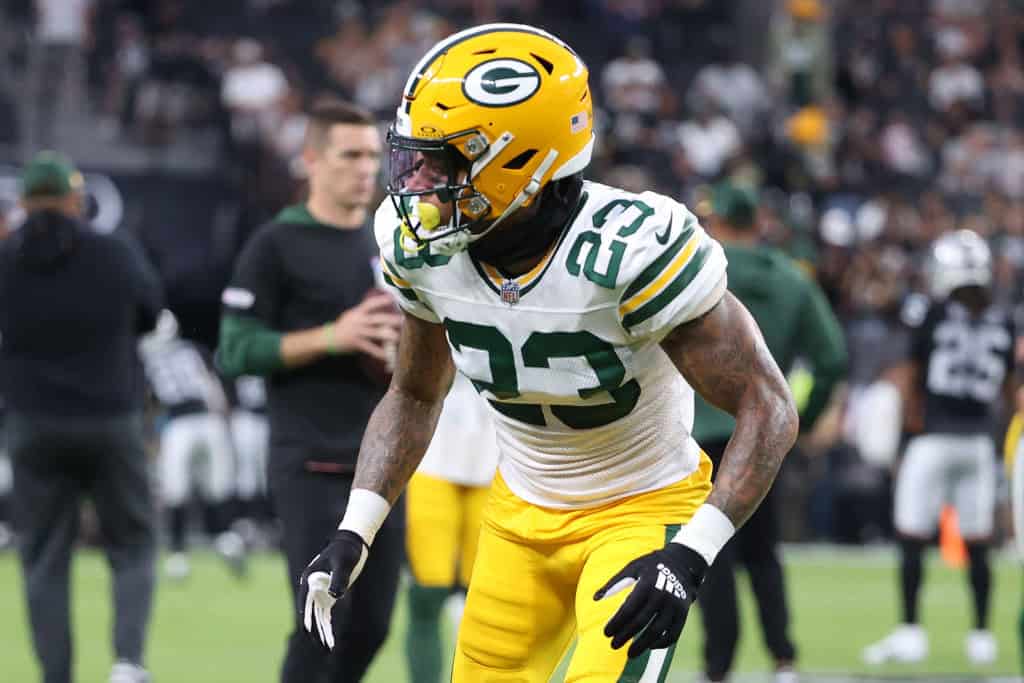 Jaire Alexander #23 of the Green Bay Packers warms-up prior to a game against the Las Vegas Raiders at Allegiant Stadium on October 09, 2023 in Las Vegas, Nevada.