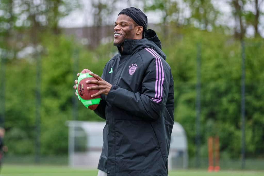 Lamar Jackson leads the 'Flag Clinic' at FC Bayern Campus on April 21, 2024 in Munich, Germany.