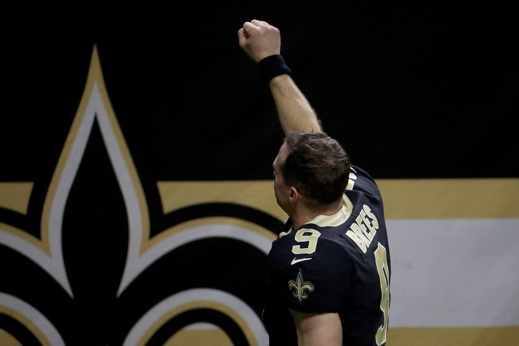 Orleans Saints acknowledges the crowd after being defeated by the Tampa Bay Buccaneers in the NFC Divisional Playoff game at Mercedes Benz Superdome on January 17, 2021 in New Orleans, Louisiana.