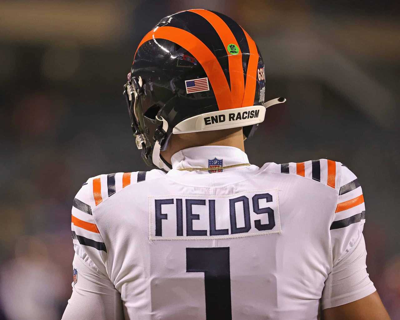 Justin Fields #1 of the Chicago Bears is seen during warm-ups before a game against the Minnesota Vikings at Soldier Field on December 20, 2021 in Chicago, Illinois. The Vikings defeated the Bears 17-9.