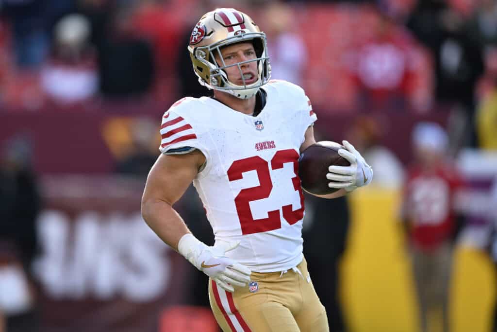 LANDOVER, MARYLAND - DECEMBER 31: Christian McCaffrey #23 of the San Francisco 49ers warms up prior to a game against the Washington Commanders at FedExField on December 31, 2023 in Landover, Maryland.