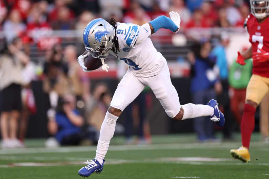 Jameson Williams #9 of the Detroit Lions runs the ball for a touchdown during the first quarter against the San Francisco 49ers in the NFC Championship Game at Levi's Stadium on January 28, 2024 in Santa Clara, California.