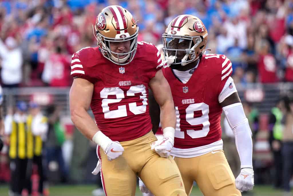 Christian McCaffrey #23 of the San Francisco 49ers celebrates with teammates after scoring a touchdown during the second quarter against the Detroit Lions in the NFC Championship Game at Levi's Stadium on January 28, 2024 in Santa Clara, California.