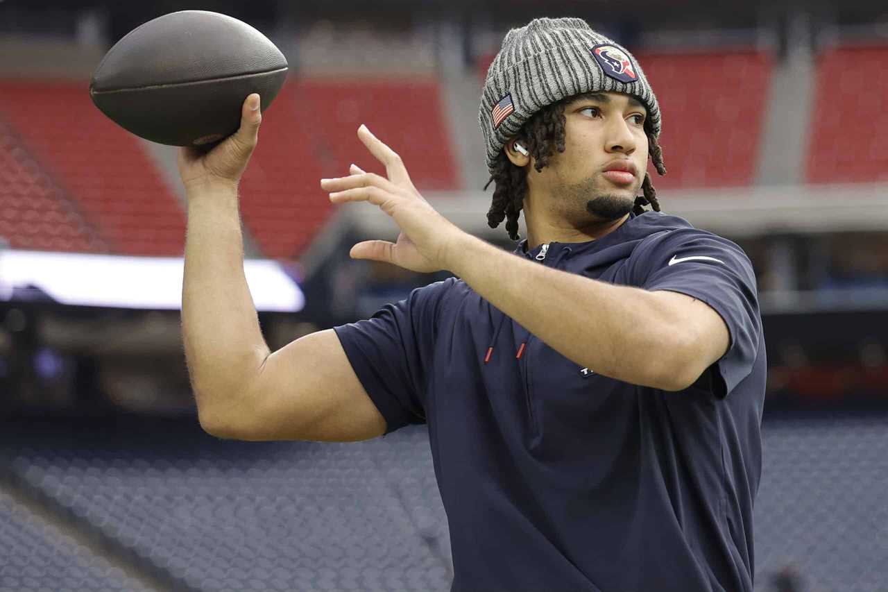 HOUSTON, TEXAS - DECEMBER 31: C.J. Stroud #7 of the Houston Texans warms up prior to a game against the Tennessee Titans at NRG Stadium on December 31, 2023 in Houston, Texas.